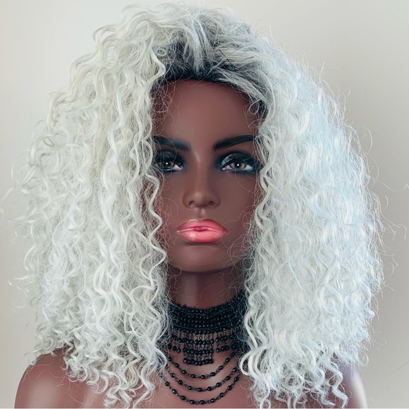 “Put On & Go” Ombre White Grey Premium Fiber Curly Wig for Daily Wear or Events - Picture 1 of 7